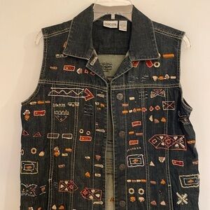 Chico's 1 Sleeveless Blue Jean Denim Vest Embroidery Beaded Western Aztec M 8